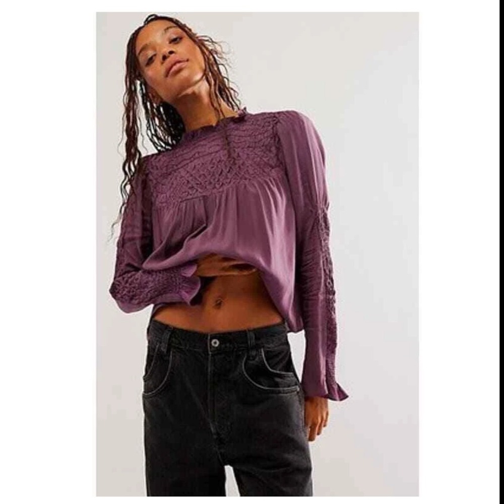 Free People Smocked In Time Boho Purple Pullover Top Long Sleeve XS - Picture 12 of 12